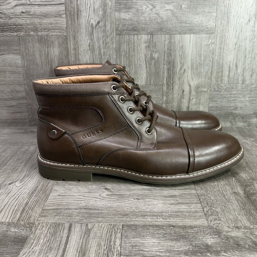 Guess Boots Mens 12 Brown Cap Toe Lace Up Synthetic Leather NEW